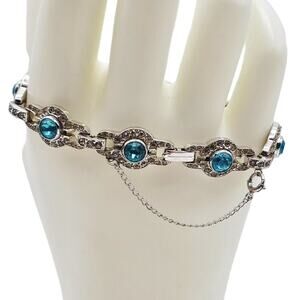 Sterling Silver Aqua Blue Bracelet Tennis Link Safety Chain Rhinestone Art Deco